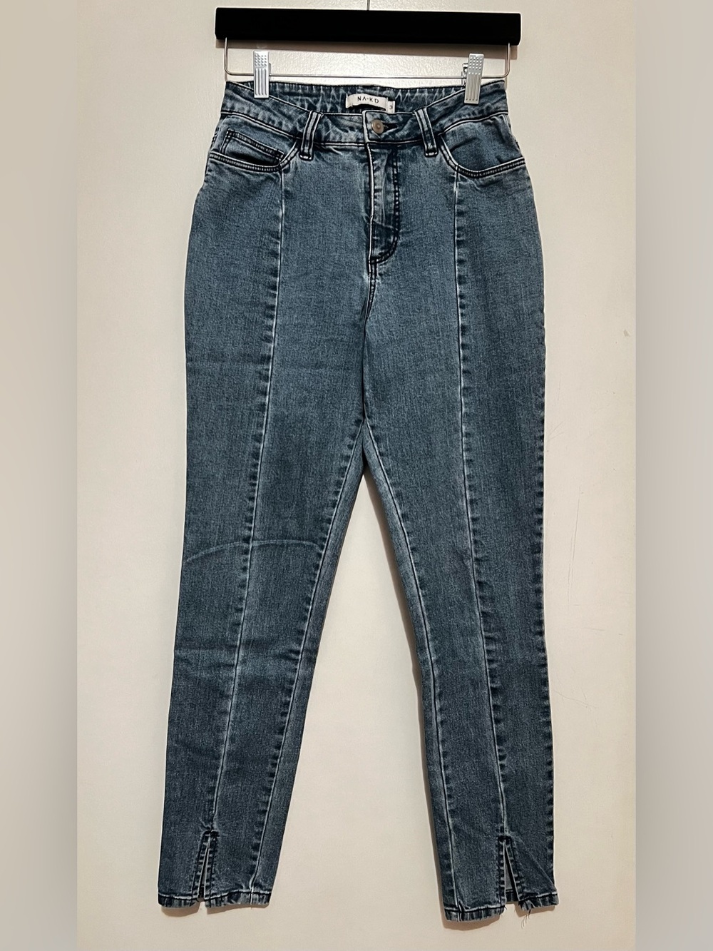 High-Rise Slim Jeans with Ankle Slit in Washed Blue